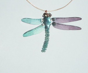 Judy Ellis's Gem Profile- Apatite - , General Education, , dragonfly choker from a copper-dipped ceramic bead, with solid, copper wire, and a tail made of faceted apatite beads.