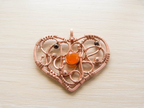 Oksana Truhan's Carnelian Heart Pendant - , Wire Weaving, Coiling, Coiling Wire, Wire Coiling, Weaving, Wire Weaving, Weaving Wire, Carnelian heart pendant