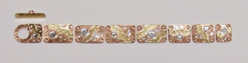 Judy Larson's Mixed Metal Sampler Bracelet 5 - River Walk  - , Metalwork, Cutting, Cutting Tool, Cutters, How To Punch Holes, Hole Punching, Punch A Hole, Sawing, Saw, Wire Saw, Texturing, Butane Torch, Soldering, Solder, Design, mixed metal sampler bracelet