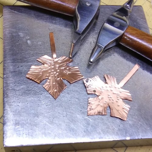 Judy Larson's Maple Leaf Earrings - Cut out and texture, Metalwork, Butane Torch, Soldering, Solder, maple leaf earrings