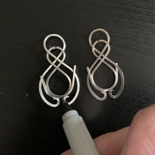 Kendra Austin's Infinity Earrings - Form the inner elements, Contemporary Wire Jewelry, Filing, Finishing, Forging, Forging Jewelry, Jewelry Forging, Lashing, Wire Lashing, Loops, Wire Loop, Wrapped Wire Loop, infinity wire earrings