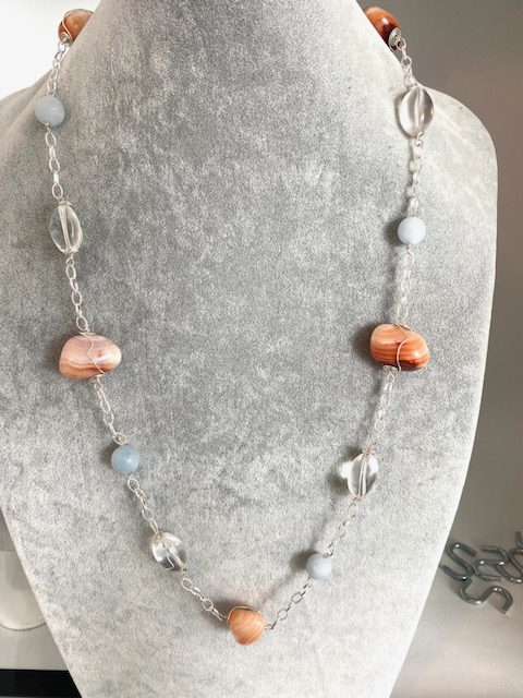 Lori Cranson's Fire and Ice Long Necklace - , Contemporary Wire Jewelry, Coiling, Coiling Wire, Wire Coiling, wire coil and chain stone necklace