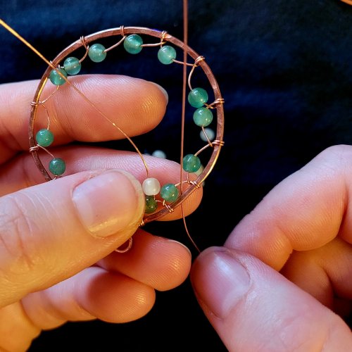 Jennifer Brooks's Dyer's Mushroom Netted Hoop Pendant - , Contemporary Wire Jewelry, Lashing, Wire Lashing, Wire Wrapping, Wrapping, Wire Wrapping Jewelry, , dyer's mushroom netted pendant