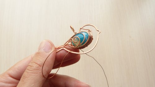 Oksana Truhan's Wire Bird Pendant with Cabochon - , Contemporary Wire Jewelry, Filing, Finishing, Lashing, Wire Lashing, Spirals, Wire Spiral, Spiral Wire Wrap, Weaving, Wire Weaving, Weaving Wire, Butane Torch, Soldering, Solder, weave the 28g wire