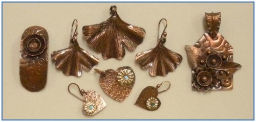 Judy Larson's Component Templates with Heart Earrings and Pendant - , Metalwork, How To Punch Holes, Hole Punching, Punch A Hole, Oxidizing Wire, Oxidizing, Antiquing Wire, Antiquing, Texturing, Copper sheet components