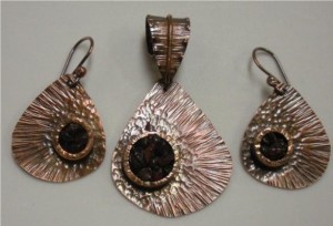 Judy Larson's Teardrop Earrings and Pendant - , Metalwork, Cutting, Cutting Tool, Cutters, Dapping, Dapping Jewelry, Filing, Finishing, Texturing, Tumbling, Tumble, Tumbling Jewelry, Butane Torch, Soldering, Solder, Used liver of sulfur