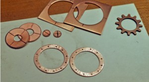 Helen I. Driggs's Disc Cutter Earrings - , Metalwork, Cutting, Cutting Tool, Cutters, Dapping, Dapping Jewelry, How To Punch Holes, Hole Punching, Punch A Hole, Texturing, Design, Drilling, Drill, Marked copper cut pieces