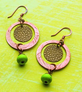 Helen I. Driggs's Disc Cutter Earrings - , Metalwork, Cutting, Cutting Tool, Cutters, Dapping, Dapping Jewelry, How To Punch Holes, Hole Punching, Punch A Hole, Texturing, Design, Drilling, Drill, Finished copper disc earrings