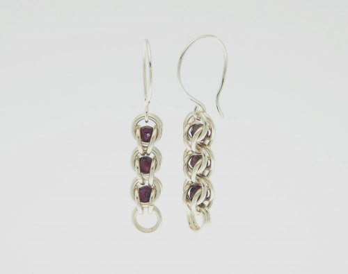 Kylie Jones's Garnet Chain Maille Earrings, Chain Maille Jewelry. Making Chain, Chain Making . Beautiful garnet beads are suspended within the rings of this chain maille weave.