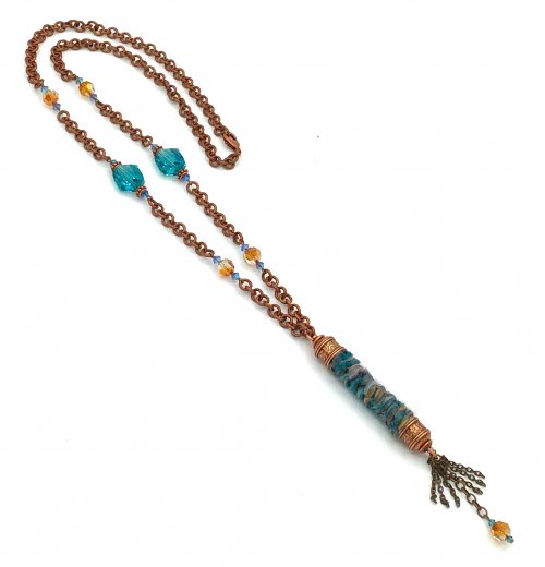 Kristal Wick's Mahalo Chain Necklace, Contemporary Wire Jewelry. Loops, Wire Loop, Wrapped Wire Loop. Inspired by the beautiful Hawaiian Islands, this necklace was created around the fun fiber focal bead.