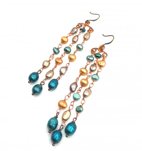 Kristal Wick's Blue Cascade Pearl Earrings, Contemporary Wire Jewelry. Making Chain, Chain Making , Loops, Wire Loop, Wrapped Wire Loop. Pearls add such class to any piece of jewelry and the texture of fresh water pearls really add movement to these earrings.