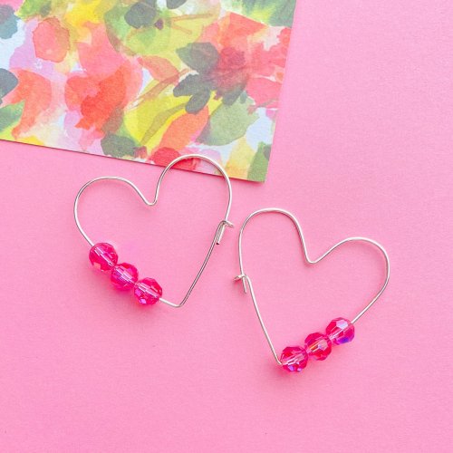 Beaded Wire Heart Hoop Earrings