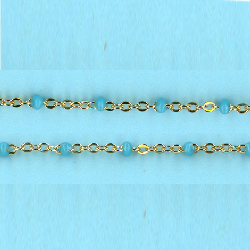 1.55mm x 2.05mm 14/20 Gold Filled Chain Flat cable -Enamel TURQUOISE-0,6 mm space between enamel beads - 10FT