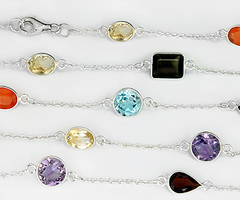 Sterling Silver Chain w/Bezelled Multi Semi Precious Stones 36in. (6.8x7 to 8.7x11.2mm) - 3 Feet