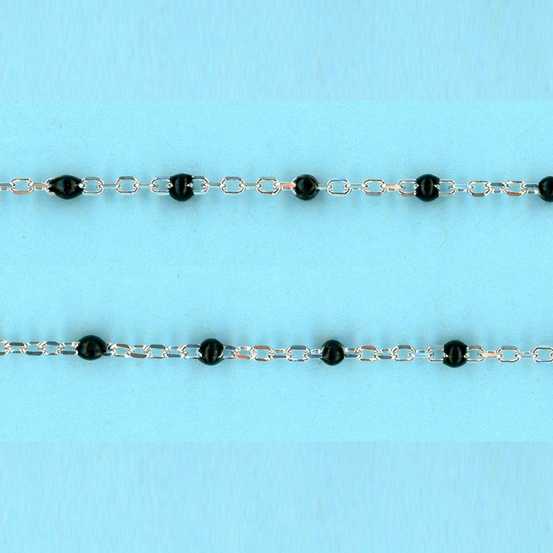 1.32mm x 2.2mm Sterling Silver Chain DC cable SILVER-Enamel BLACK- 6 mm space between enamel beads - 10FT