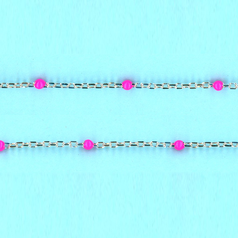 1.32mm x 2.2mm Sterling Silver Chain DC cable SILVER-Enamel  ROSE- 15 mm space between enamel beads - N02 - 10FT