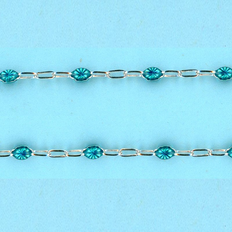 2.45mm x 4.15-1.6mm x 3.5mm Sterling Silver Chain Small paper clip links with TRASPARENT TURQUOISE enamel every 3 links, chain SILVER - 10FT