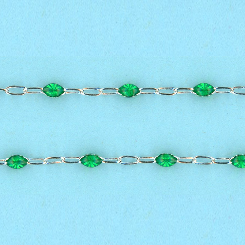 2.45mm x 4.15-1.6mm x 3.5mm Sterling Silver Chain Small paper clip with  TRANSPARENT GREEN enamel every 3 links, chain WHITE SILVER - 10FT