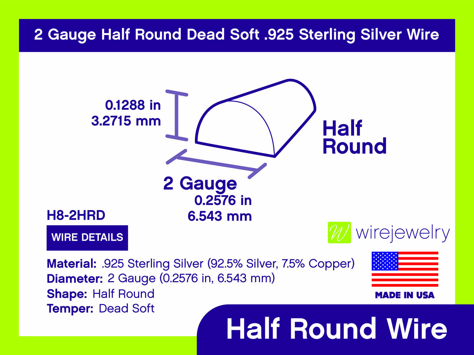 2 Gauge Half Round Dead Soft .925 Sterling Silver Wire: Wire