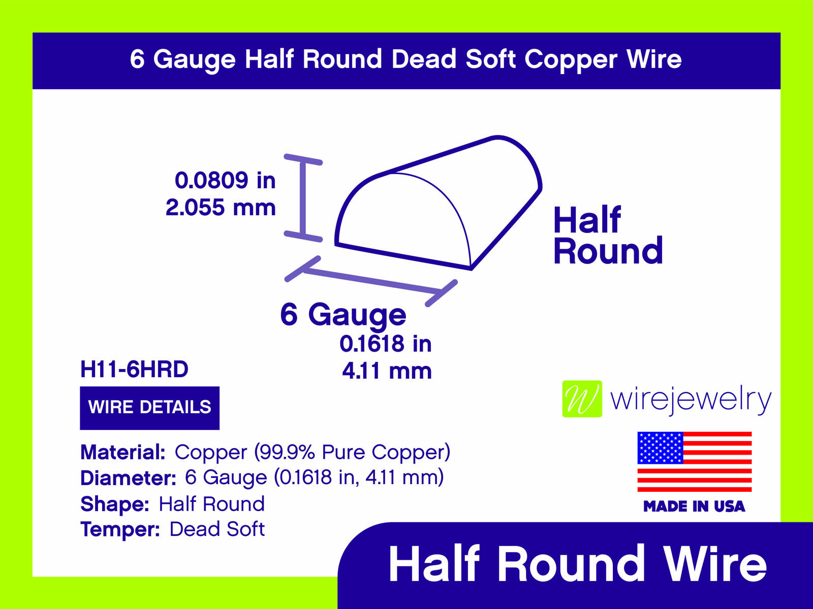  6 Gauge, 99.9% Pure Copper Wire (Half Round) Dead Soft