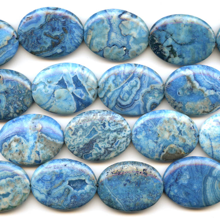 Blue Crazy Lace Agate 30x40mm Oval Beads 8 Inch Strand Wire