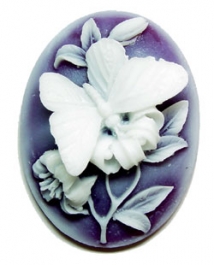 40x30mm Oval Fashion Cameo - Butterfly AND Lillies White on Amethyst