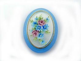 40x30mm Oval Fashion Cameo- Flower Bouquet on Blue