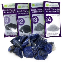 WireJewelry Sodalite Rock Tumbler Refill Kit - 1.5 Lbs. of Sodalite Stone and 1 Batch of 4 Step Abrasive Grit and Polish