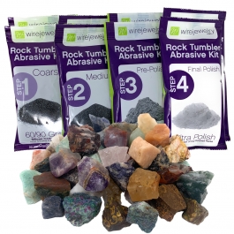 WireJewelry Asia Rock Tumbler Refill Kit - 3 Lbs. of Asia Stone Mix and 2 Batches of 4 Step Abrasive Grit and Polish