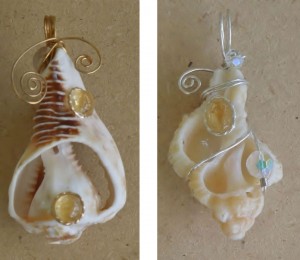 Murex shell and Helmet shell wire pendants by Janet Knight