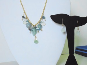 Jane duke created this necklace and earring set using 14kt gold-filled wire and aquamarine, prehnite, and apatite beads.